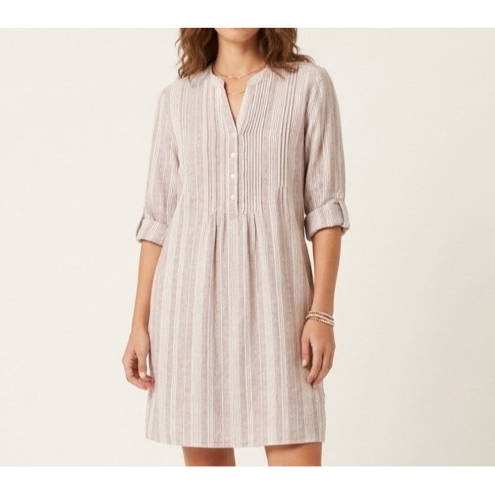 TAHARI Striped Shift LINEN Dress MEDIUM Coastal Boho Roll Tab Sleeve Beige
